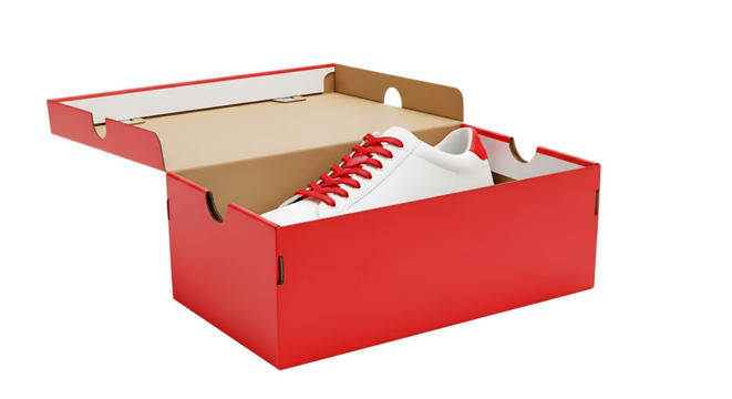 White sneaker with red laces, inside an open red shoe box, cutout, PNG isolated on transparent background - Powered by Adobe