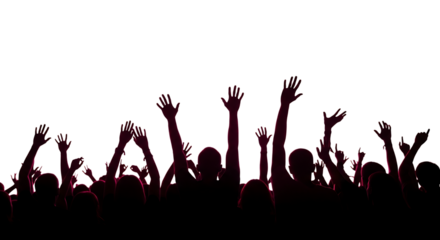 Crowd, with hands raised in celebration against a dark background, cutout, PNG isolated on transparent background