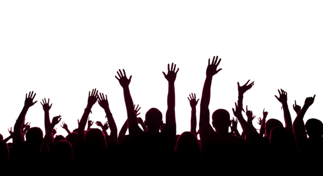 Crowd, with hands raised in celebration against a dark background, cutout, PNG isolated on transparent background