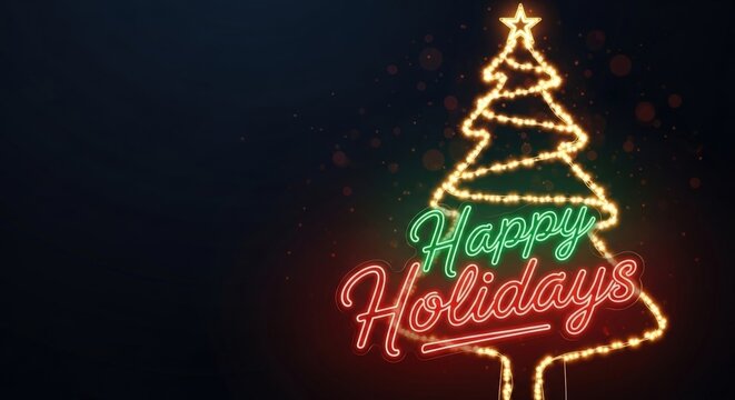 Neon happy holidays text and christmas tree