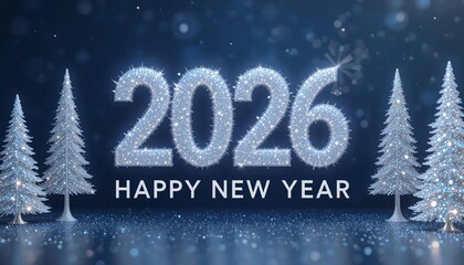 Happy New Year 2026 greeting card with glowing frosted numbers and festive sparkling snow effects, set against a dark background with snow-covered pine trees and scattered snowflakes