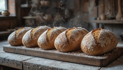 Warm, fresh baked loaves of artisanal bread, golden-brown crusts glistening, arranged on a rustic wooden board in a cozy, dimly lit bakery setting, emanating a comforting aroma of home-baked goodness