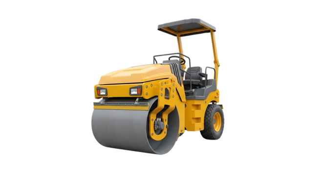 Yellow and gray vibratory roller construction machine, with canopy, cutout, PNG isolated on transparent background