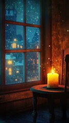 Naklejka premium A candle is lit in front of a window