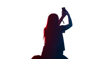 Woman, holding smartphone to take selfie with red and blue neon lighting, cutout, PNG isolated on transparent background
