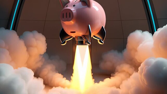 Piggy bank rocket launch, a vibrant symbol of explosive financial growth, successful investment, future savings, and startup ambition in a futuristic setting.