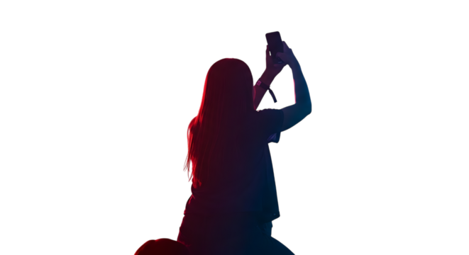 Woman, holding smartphone to take selfie with red and blue neon lighting, cutout, PNG isolated on transparent background - Powered by Adobe