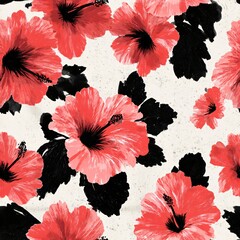 Naklejka premium Vibrant seamless pattern with red hibiscus flower and dark foliage. Tropical floral digital ornament for textile, fabric, and wallpaper design.