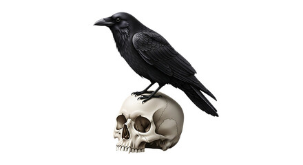 Naklejka premium Black raven, perched on a detailed human skull, cutout, PNG isolated on transparent background