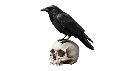 Black raven, perched on a detailed human skull, cutout, PNG isolated on transparent background