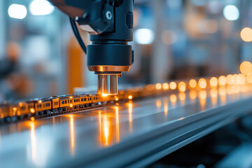 A macro view of a model train production line, showcasing the intricate details and craftsmanship involved in assembling these beloved miniature trains in a vibrant space.