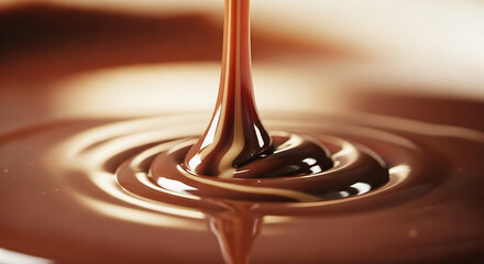 A close-up shot of rich, dark chocolate syrup being poured into a pool of melted chocolate, creating mesmerizing ripples.