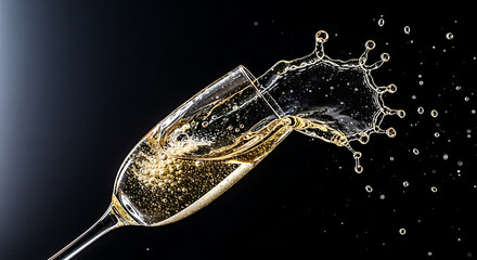 Champagne glass with splashing liquid against a dark background.