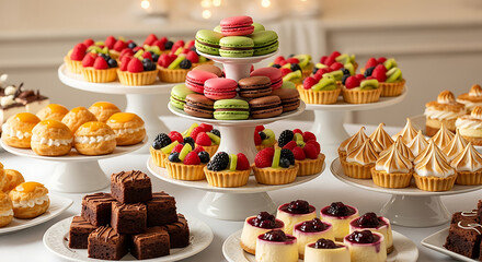 A lavish display of assorted colorful desserts including macarons, fruit tarts, brownies, and mini cheesecakes on white platters.