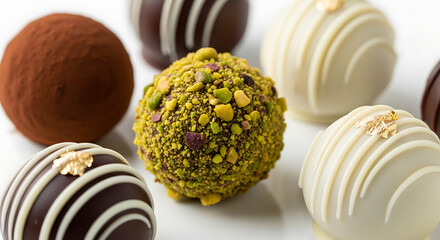 Close-up shot of assorted gourmet chocolate truffles, beautifully decorated and arranged.