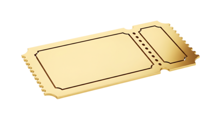 Golden blank ticket, with perforated edge and decorative border, cutout, PNG isolated on transparent background