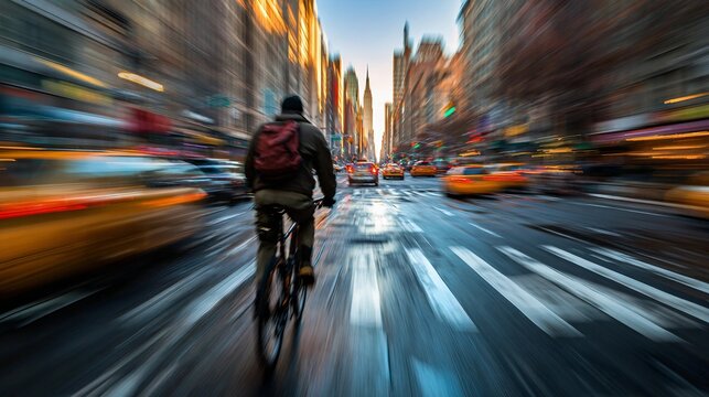 A cyclist rides through the blurred motion of a busy new york city street, capturing the energy and speed of urban transportation in the city.