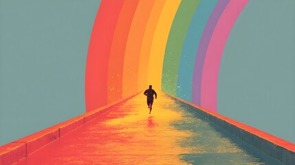 A lone figure runs along a bridge painted with vibrant rainbow colors, symbolizing a journey towards hope, diversity, and the promise of a brighter future.