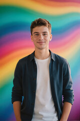 Fototapeta premium A young man standing in front of a vibrant rainbow-colored abstract background, wearing a white t-shirt and a dark blue button-up shirt.