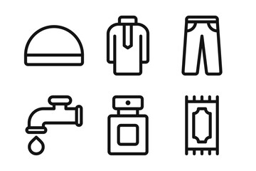 Muslim Prayer Equipment Linear Icon Set - Editable Stroke : Suitable for Use in Apps, Digital Content, and Printed Materials Related to Islamic Lifestyle, Prayer Activities, Ramadan and Eid Themes