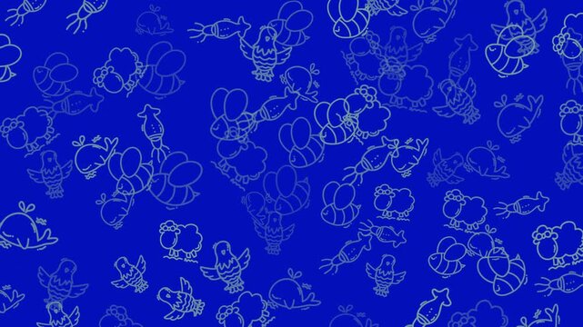 This is a fun and whimsical Seamless Pattern featuring various cartoon animals like bees, birds, sheep, whales, and squids