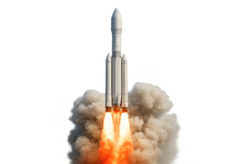Space rocket launching into orbit, engines firing with flame and smoke, on transparent background for easy use