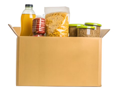 Foodstuff for donation, storage and delivery. Various food, pasta, cooking oil and canned food in cardboard box.