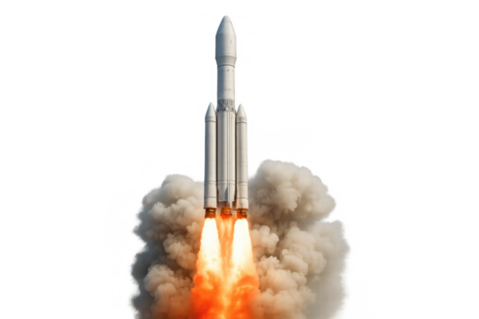 Space rocket launching into orbit, engines firing with flame and smoke, on transparent background for easy use