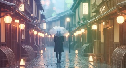 aesthetic japanese rainy scene, a person holding a transparent umbrella 
