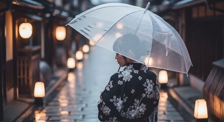 aesthetic japanese rainy scene, a person holding a transparent umbrella 