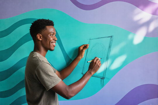 A young Black man in a gray t-shirt draws on a colorful wall with wavy teal and purple patterns, smiling as he sketches an architectural design.