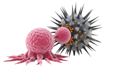 Pink cell with tentacles, interacting with spiky grey virus particle with orange dots, cutout, PNG isolated on transparent background