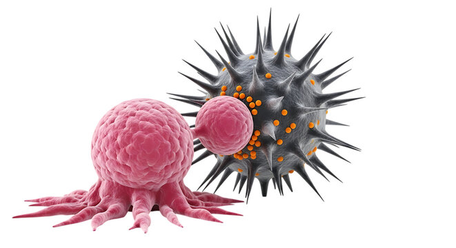 Pink cell with tentacles, interacting with spiky grey virus particle with orange dots, cutout, PNG isolated on transparent background