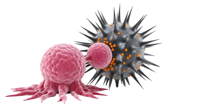 Pink cell with tentacles, interacting with spiky grey virus particle with orange dots, cutout, PNG isolated on transparent background
