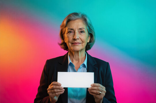 A mature woman in a business suit holding a blank white card against a vibrant, colorful gradient background.