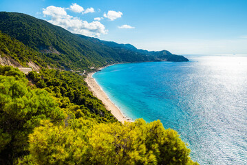 Beautiful sea coast and view of Pefkoulia beach near Agios Nikitas village, Lefkada island, Greece