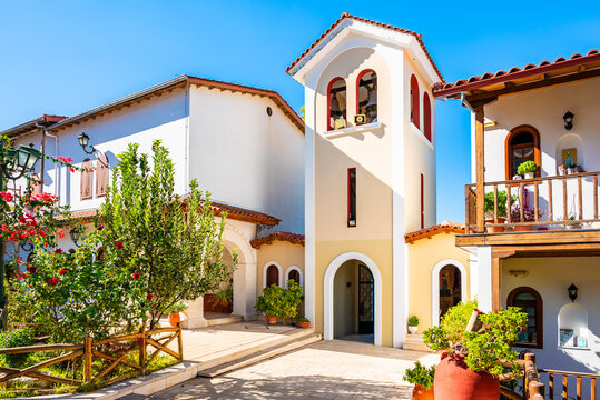 Courtyard and old historic buildings of Faneromeni monastery, Lefkada island, Greece