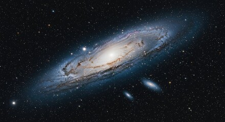 Vast spiral galaxy with glowing core, surrounded by stars and smaller celestial bodies
