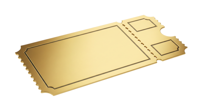Gleaming Golden Ticket, with Perforated Edge and Decorative Border, cutout, PNG isolated on transparent background