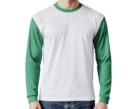 Stylish long sleeve t-shirt mockup with green sleeves for your apparel designs, perfect for showcasing your brand with ease