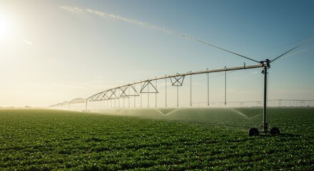 Vast green field with a long irrigation system spraying water under a clear sky