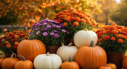 Autumn harvest display with pumpkins and colorful mums