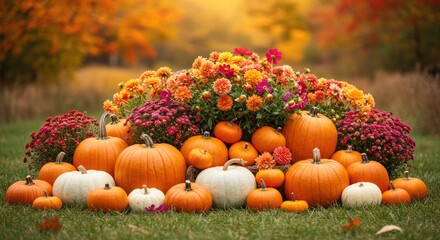 Vibrant pumpkins & mums adorn a grassy patch, autumn colors abound