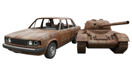 Heavily Rusted Sedan Car and Military Tank, Side by Side, cutout, PNG isolated on transparent background