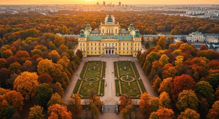 Majestic yellow palace amidst autumn trees, manicured gardens, urban skyline