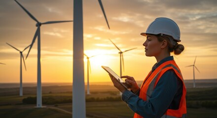 Engineer monitoring wind turbines at sunset