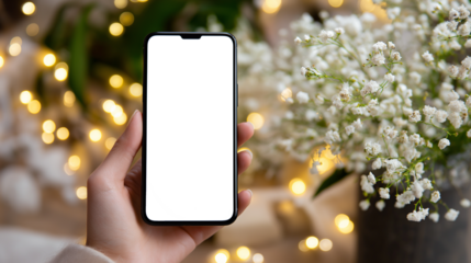 幻想的な光と花に囲まれたスマホを持つ手元｜ライフスタイル｜女性の手｜フェミニンな雰囲気｜光の粒｜アプリ紹介や広告素材に使える構図