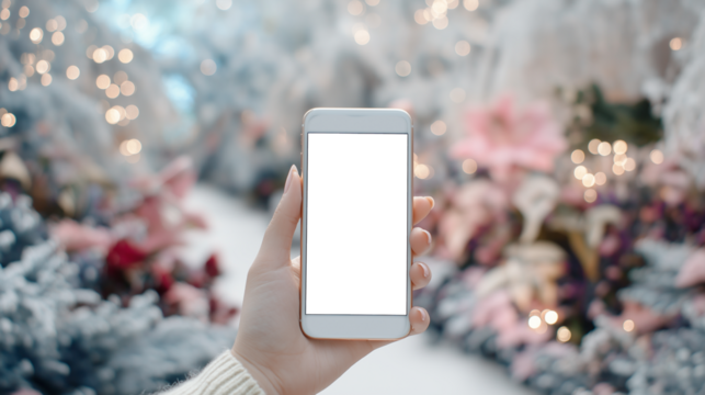 幻想的な光と花に囲まれたスマホを持つ手元｜ライフスタイル｜女性の手｜フェミニンな雰囲気｜光の粒｜アプリ紹介や広告素材に使える構図