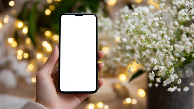 幻想的な光と花に囲まれたスマホを持つ手元｜ライフスタイル｜女性の手｜フェミニンな雰囲気｜光の粒｜アプリ紹介や広告素材に使える構図