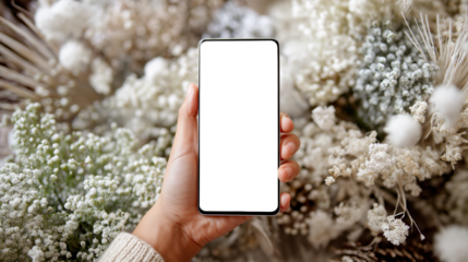 スマホを持つ女性の手と幻想的な光の背景｜冬のイメージ｜ぬくもり｜落ち着いた雰囲気｜ナチュラルライフ｜生活感｜モックアップ素材に最適な一枚